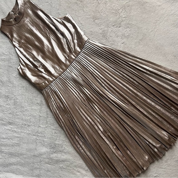 Ann Taylor Dresses & Skirts - Ann Taylor Shimmer Chiffon Pleated Metallic Fit & Flare Dress Foiled Pale Gold